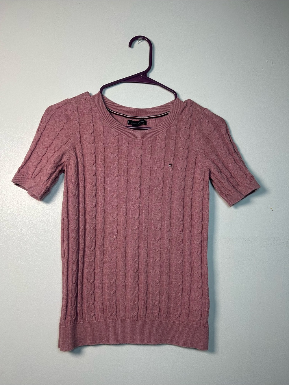 Tommy Hilfiger Womens Pink Cable-Knit Crew Neck Short Sleeve Pullover Sweater XS